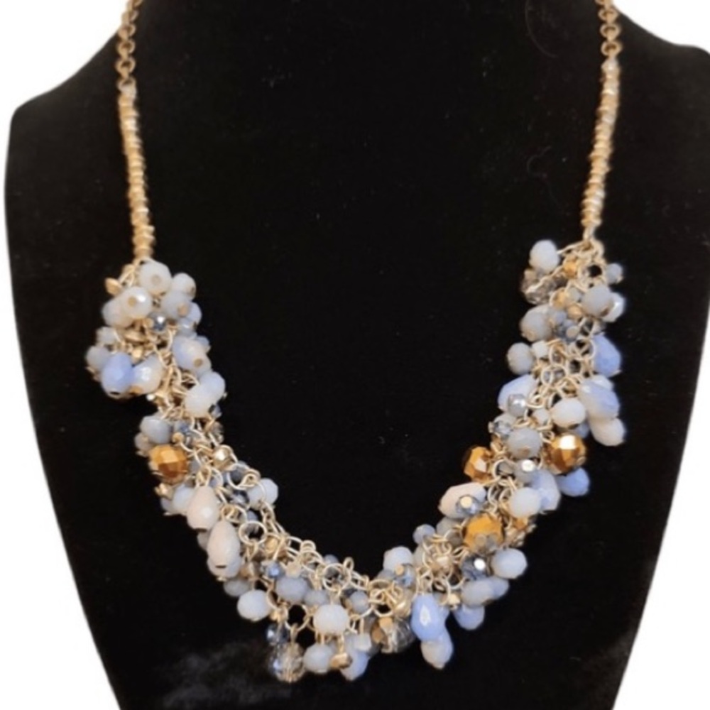 Loft Necklace pale Blue, Opalite, Gold faceted beads on chain, logo tag